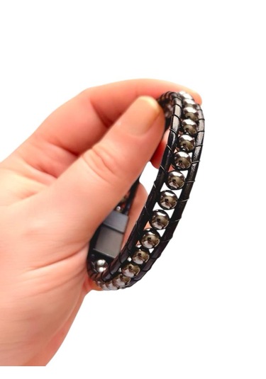 Hematit-doğal Deri Ve Çelik Erkek Bileklik Net 21cm Türk Üretim