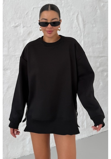 Kadın Siyah Bisiklet Yaka Yanı Yarım Fermuar Detaylı Sweatshirt Siyah