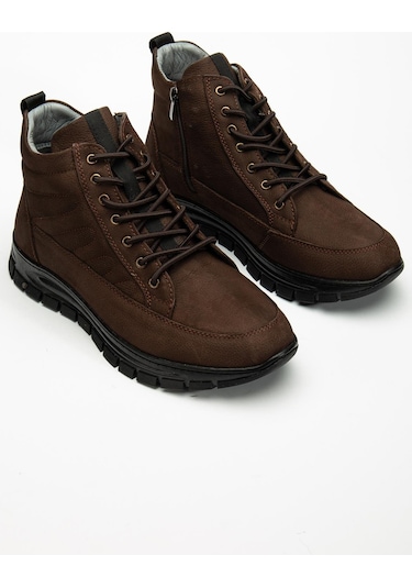 Hakiki Deri Nubuk Erkek Bot Kahve Elastik Bağcıklı Yan Baskılı-3543 Kahve