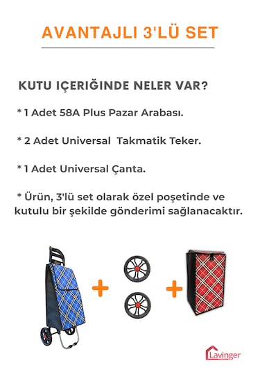 Pazar Arabası Plus Avantajlı 3' Lü Set Pazar Arabası + Yedek Tekeri + Yedek Çantası. Mavi
