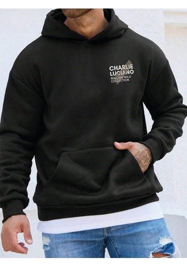 Charlie Luciano Tasarım Kışlık Sweatshirt - Siyah Baskılı Oversize Şardonlu Kapüşonlu Siyah