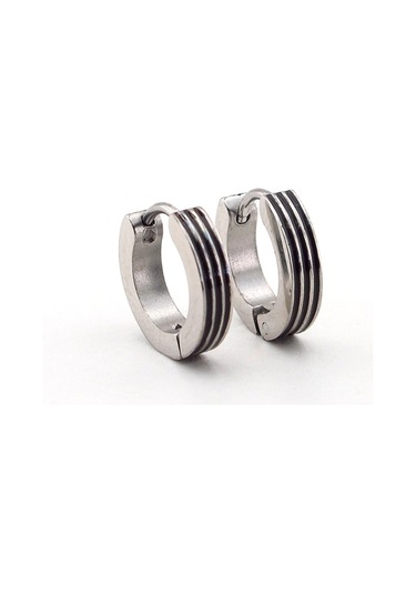 Siyah Renk Üç Çizgili Paslanmaz Çelik Erkek Halka Küpe E663 Siyah