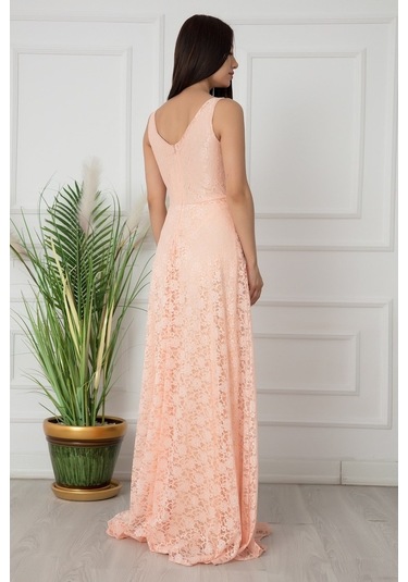 Kalopya V Yaka Dantel Uzun Abiye Elbise 13103 Pudra