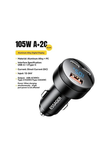 Monyee Essager 105w Süper Hızlı Şarj 2c+a Üç Portlu Alüminyum Sayısal Göstergeli Araç İçi Telefon Şarj Cihazı Siyah Siyah