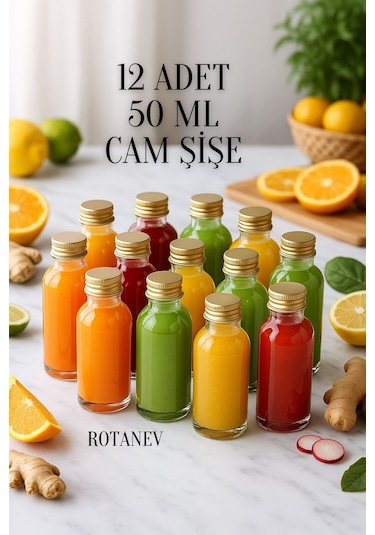 Rotanev 12 Adet Şeffaf Cam Shot Şişesi 50 ML Sızdırmaz Gold Metal Kapaklı+Huni