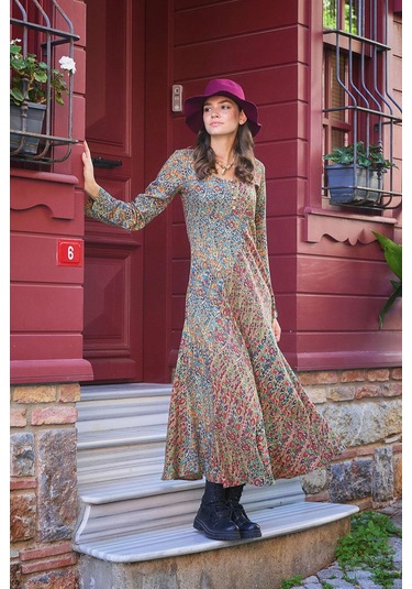 Yeşil Pera Desenli Uzun Kollu Kışlık Patch Elbise 001