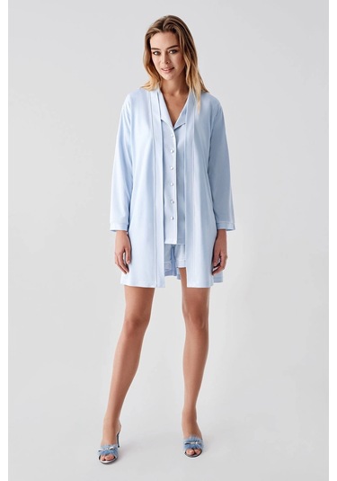 Freshness 324 Kadın 4'lü Sabahlıklı Şorlu Pijama Takımı Mavi