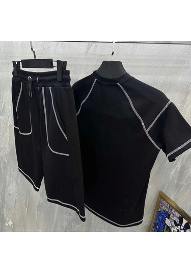 Unisex Karoyaka Dikişli Şortlu Takım - Siyah Siyah