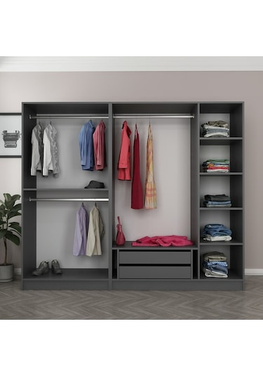 Minar Kale 5 Bölmeli 2 Çekmeceli Giyinme Dolabı Antrasit 210cm