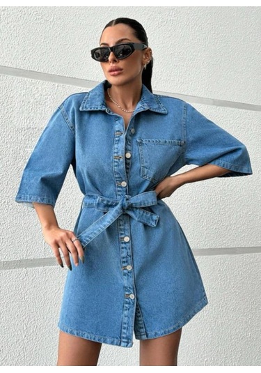 Shevega Kadın Mavi Kuşakli Tek Cep Kısa Kot Elbise Açık Mavi