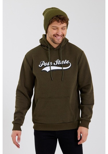 Erkek 3 İplik Pamuklu İçi Polarlı Baskılı Regular Fit Kapüşonlu Kanguru Cepli Haki Sweatshirt Haki