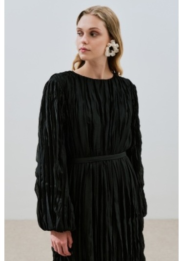 Piliseli Şifon Elbise Siyah Siyah