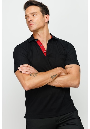Erkek Polo Yaka Düğmeli Cepli T-shirt Siyah Siyah