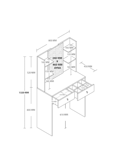 2210 Shıny Aynalı 2 Çekmeceli 80 Cm Makyaj Masası Beyaz