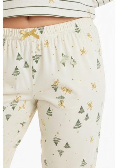 Üstü Yazılı Altı Çam Ağacı Desenli Elite Viscose Pijama Takımı Uzun Ekru 3568 Bej