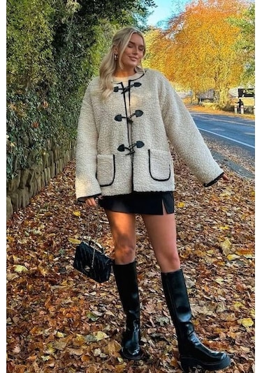 Madmext Bej Düğmeli Peluş Kadın Mont Mg2531 Bej