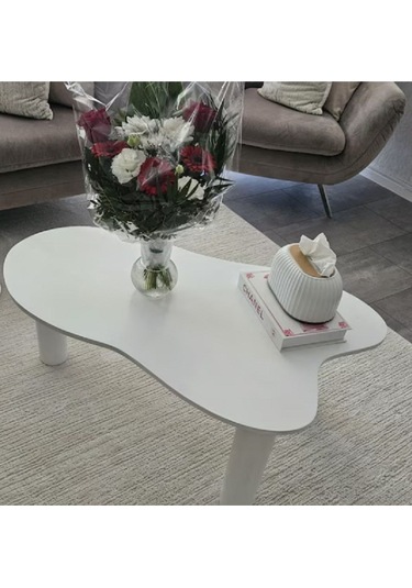 Asimetrik 90x90 Cm Modern Ahşap Ayaklı Orta Sehpa Beyaz