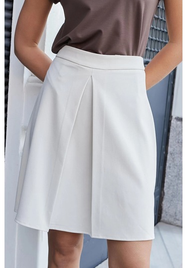 Kadın Yüksek Bel Hafif Likralı Kumaş Pilikaşeli Diz Boy Çan Etek-şampanya Şampanya