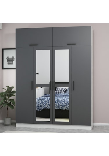 Minar Kale 4 Kapaklı 2 Aynalı 2 Ç Dolap Ve Yüklük Beyaz Antrasit 235cm