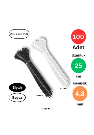 Plastik Kablo Bağı Klipsi Cırt Kelepçe 250 Mm X 4.8 Mm 50 Şer Adet Siyah Beyaz Set Toplam 100 Adet Diğer