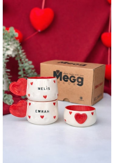 İsme Özel Kalp Seti 2 Adet Mug & 1 Adet Kase Kırmızı Beyaz