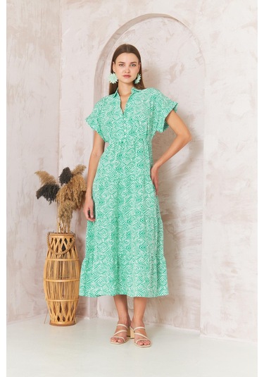 Kadın Gömlek Yaka Kısa Kollu Yeşil Elbise Dm1044 Yeşil