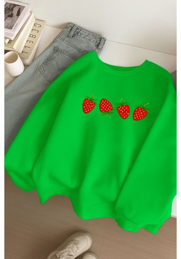 Benroma 3 İplik Penye Çilek Baskılı Unisex Sweatshırt Yeşil