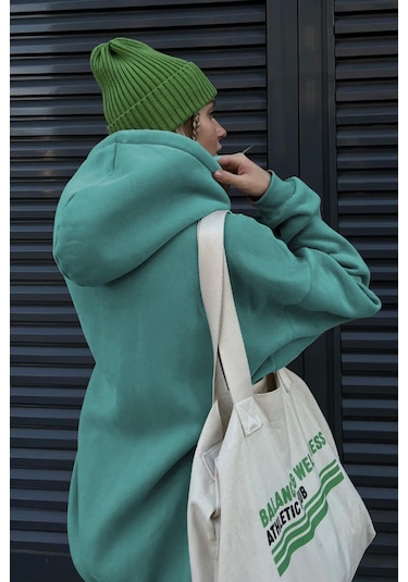 Madmext Mavi Kapüşonlu Şardonlu Oversize Sweatshirt Mg1566 Mavi