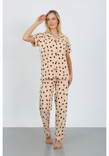 Nisanca Kısa Kollu Milan Gömlek Pijama Takımı- Genç Anne Serisi Bej