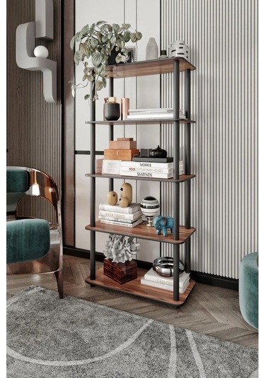 5 Katlı Dekoratif Diktörtgen Kitaplık Ceviz Ceviz