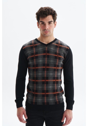 Arma Erkek Slim Fit Likralı Akrilik Kumaş V Yaka Kareli Kazak K0kro0860 Siyah