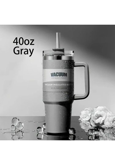 Trendooze 40 Oz Paslanmaz Çelik Gri Sızdırmaz Termos Matara Kapaklı Pipetli Gaojunshop01 Gri