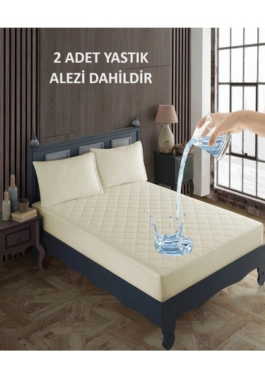 Çift Kişilik Yatak Ve Yastık Alez Seti %100 Pamuk Kapitone Sıvı Geçirmez Yatak Ve Yastık Alez Seti Bej