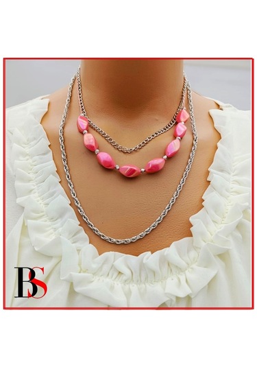 Pembe Boncuk Dorika Aparat Çok Sıralı Kadın Kolye