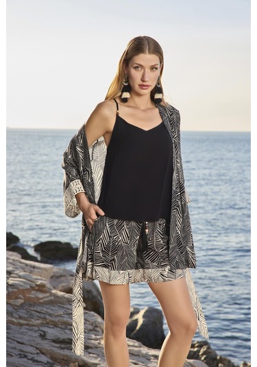 Monamise Kadın Çizgi Desenli Ve Dantelli 3'lü Alt Üst Takım 25009 Siyah