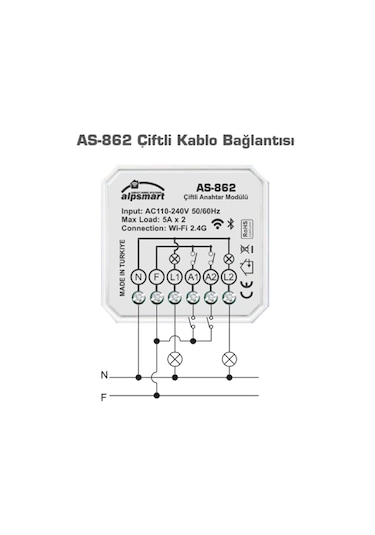 Alpsmart As-862 Akıllı Wi-fi Çiftli Duvar Anahtarı Modülü Tuya