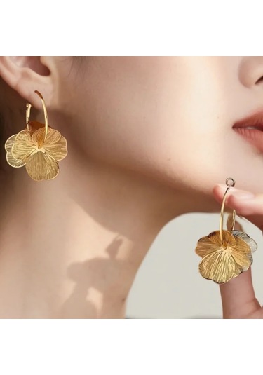 Altın Çift Katmanlı Hollow Çiçek Halka Küpe Kadınlar İçin Altın