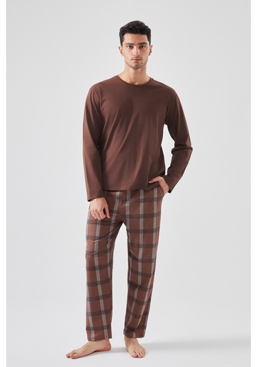 Erkek Pamuklu Uzun Kollu Ekose Desenli Pijama Takımı Ke77614 Kahverengi