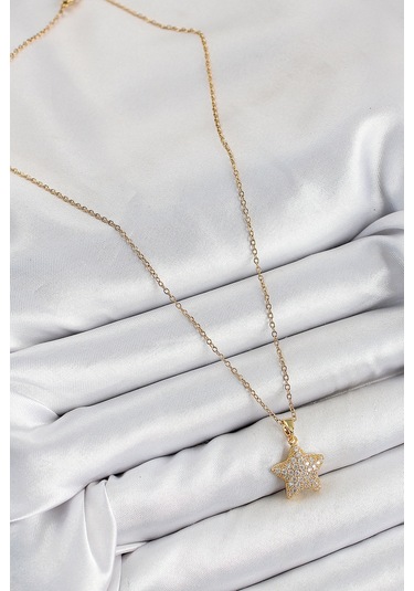 316l Çelik Zirkon Taşlı Yıldız Model Gold Renk Kadın Kolye Eb-bko Çok Renkli