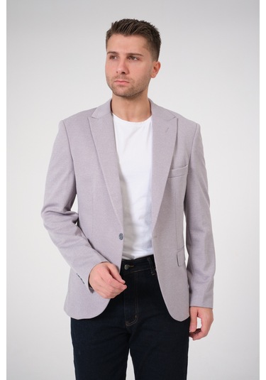 Bonesti Erkek Slim Fit Blazer Ceket Gri Gri Beyaz Noktalı