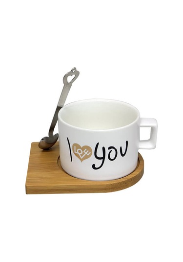 Kupa Bardak Kahve Kupası Love Kaşıklı Ahşap Altlık Mıkantıslı