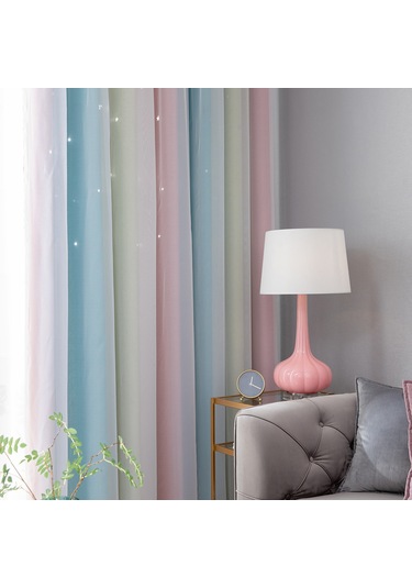 Gajeena Pembe Yıldız Desenli İki Katlı Isı Yalıtımlı Gölgelendirici Perde - Yatak Odası & Oturma Odası - 1 Adet + Bej Bağlama Ipçesi 100x130cm