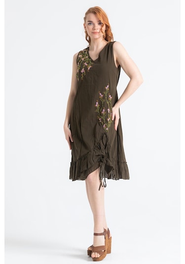Kolsuz Vual Candan Yırtmaçlı Midi Boy Elbise Haki Hk-haki Haki