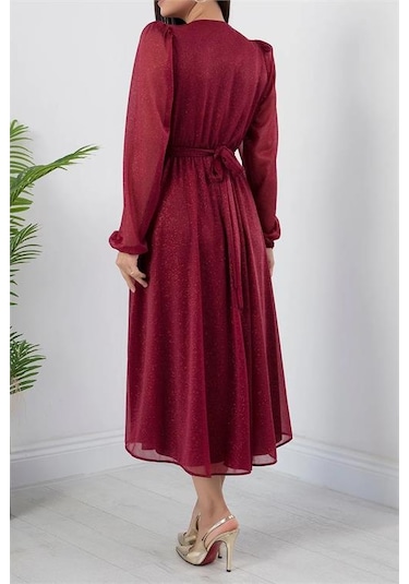 Neşeli Butik Kadın Kemer Ve Vatka Detaylı Simli Midi Elbise Rymy3590 Bordo