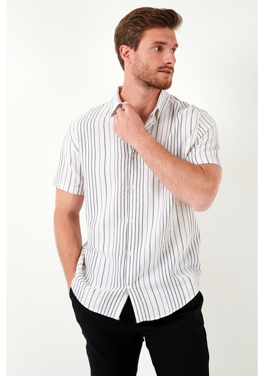 Buratti Çizgili Pamuklu Slim Fit Kısa Kollu Erkek Gömlek Cf23S116097 Beyaz-Siyah Buratti Çizgili Pamuklu Slim Fit Kısa Kollu Erkek Gömlek Cf23S116097 Beyaz-Siyah