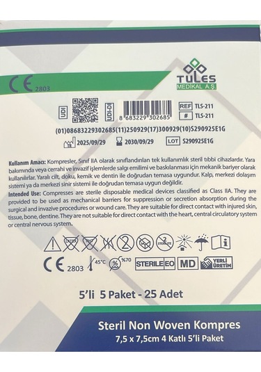 Tules Steril Non Woven Kompres Spanç 7,5 X 7,5cm 4 Katlı 5 'li 25li Paket- 25 Adet