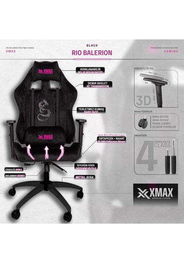 Rio Black Balerion Komple Baby Face Terletmez Kumaş Siyah/fuşya Profesyonel Oyuncu Koltuğu