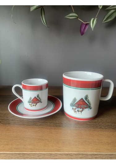 Yeni Yıl-noel Geyikli Ev Model 6 Parça 2 Kişilik Kupa Ve Türk Kahvesi Fincanı Takımı Çok Renkli
