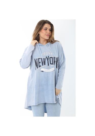 Kadın Büyük Beden Mavi Payet Detaylı Arkası Uzun Kapşonlu Sweatshirt 65n37463 - Mavi