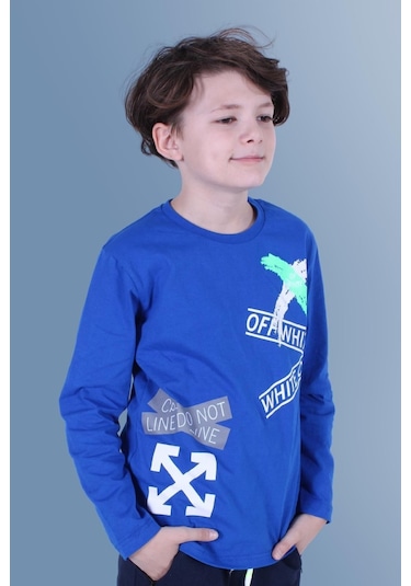 X Baskılı Uzun Kollu Erkek Çocuk Indigo Sweatshirt İndigo